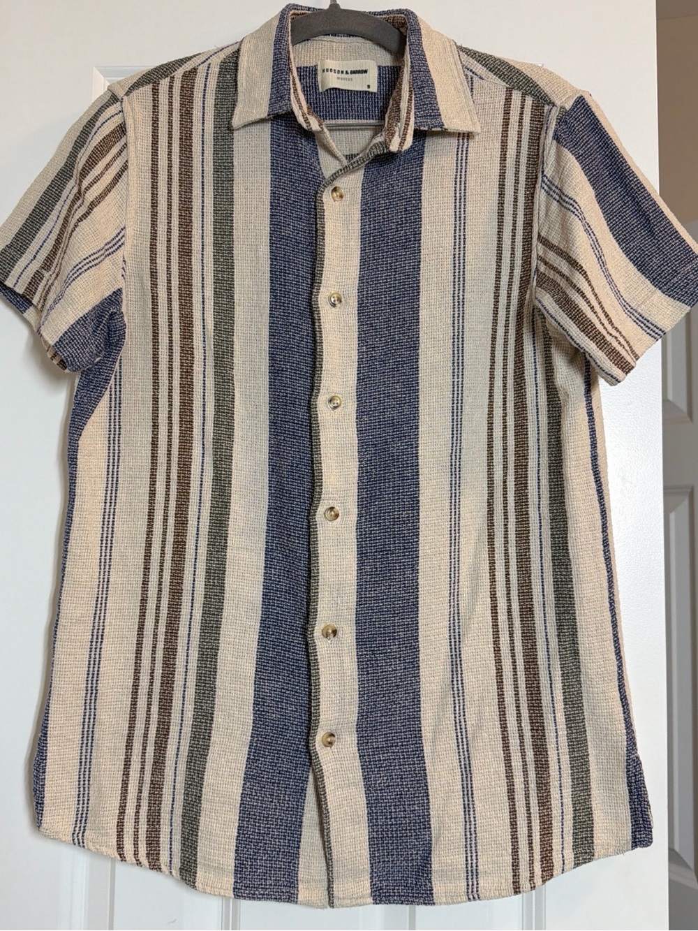 Casual Short-Sleeve Button-Down Cotton Shirt Blue & Cream Stripes